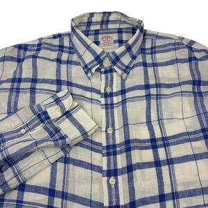 Brooks Brothers 2XL Blue White Plaid Check Long Sleeve‎ Button Down Linen Shirt